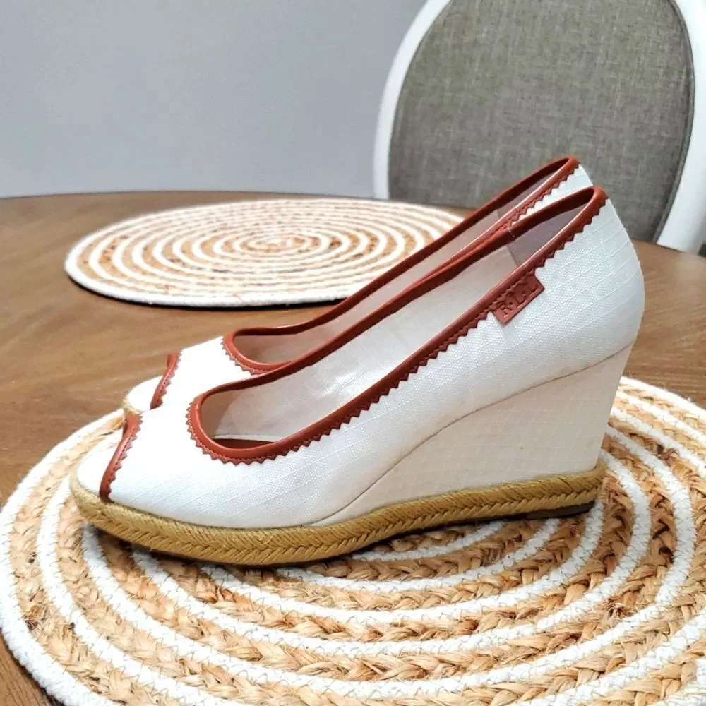 Lauren by Ralph Lauren Nella Espadrille Wedge Sandals White/Tan 9.5B